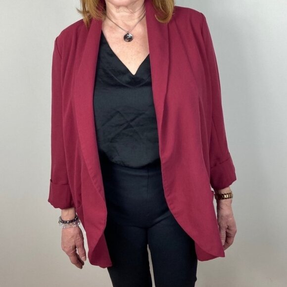 Love and Liberty Burgundy Crepe Blazer‎ Open Front Size Medium Stretch Cotton M - Picture 8 of 9